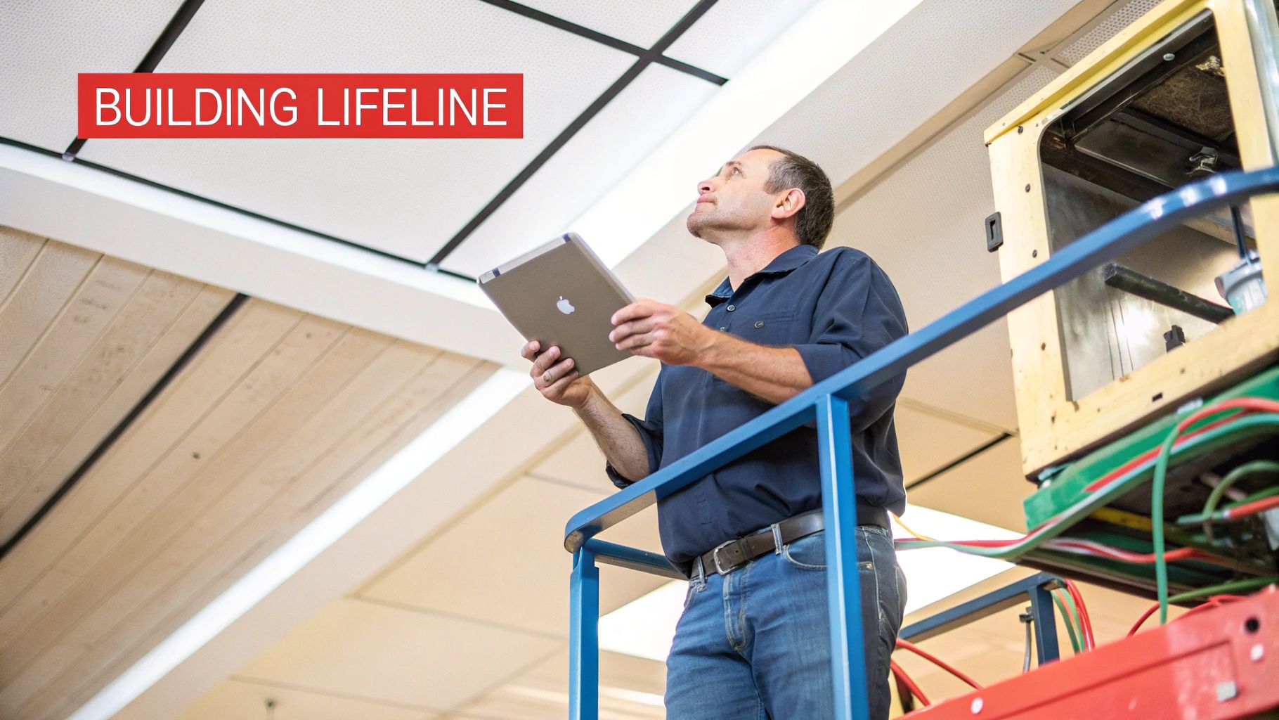 HVAC technician inspecting ceiling system with tablet on ladder during maintenance inspection