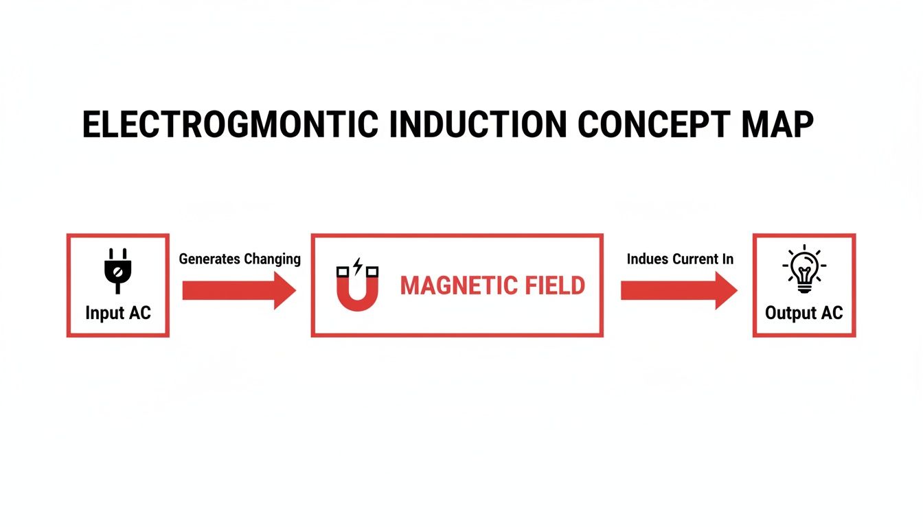 A concept map illustrating electromagnetic induction, showing how input AC generates a changing magnetic field that induces output AC.