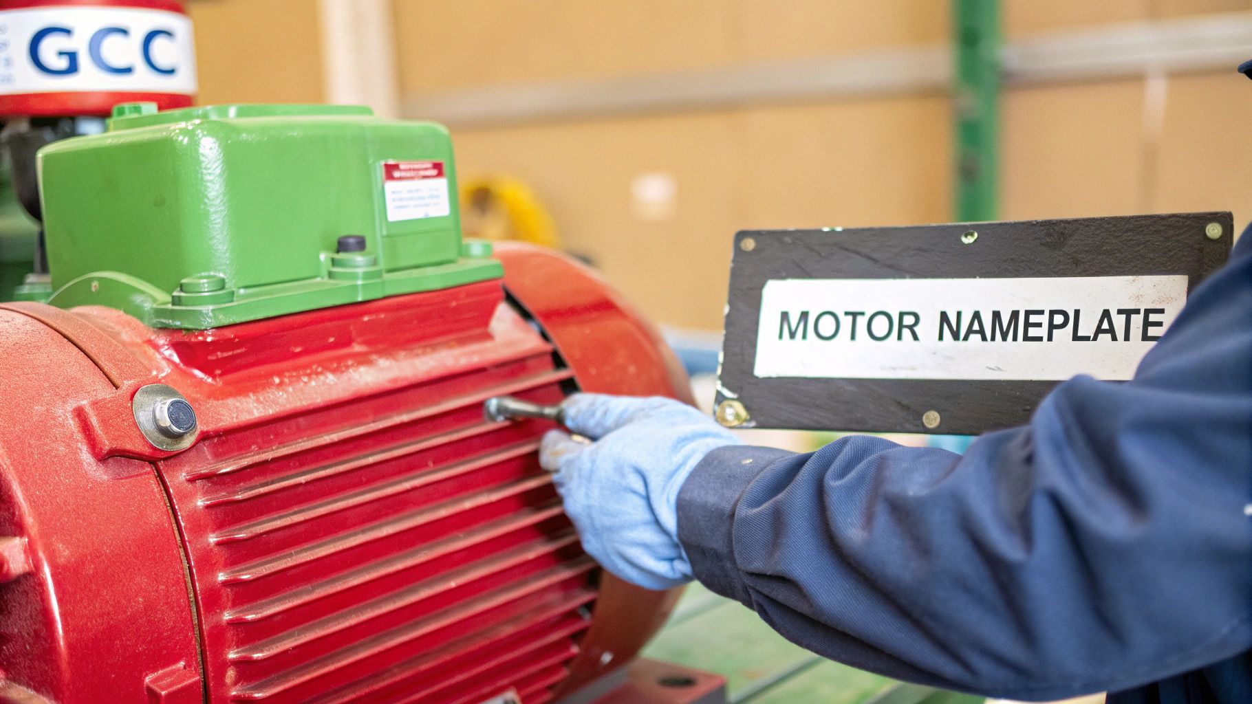Technician examining a three-phase motor nameplate in an industrial setting