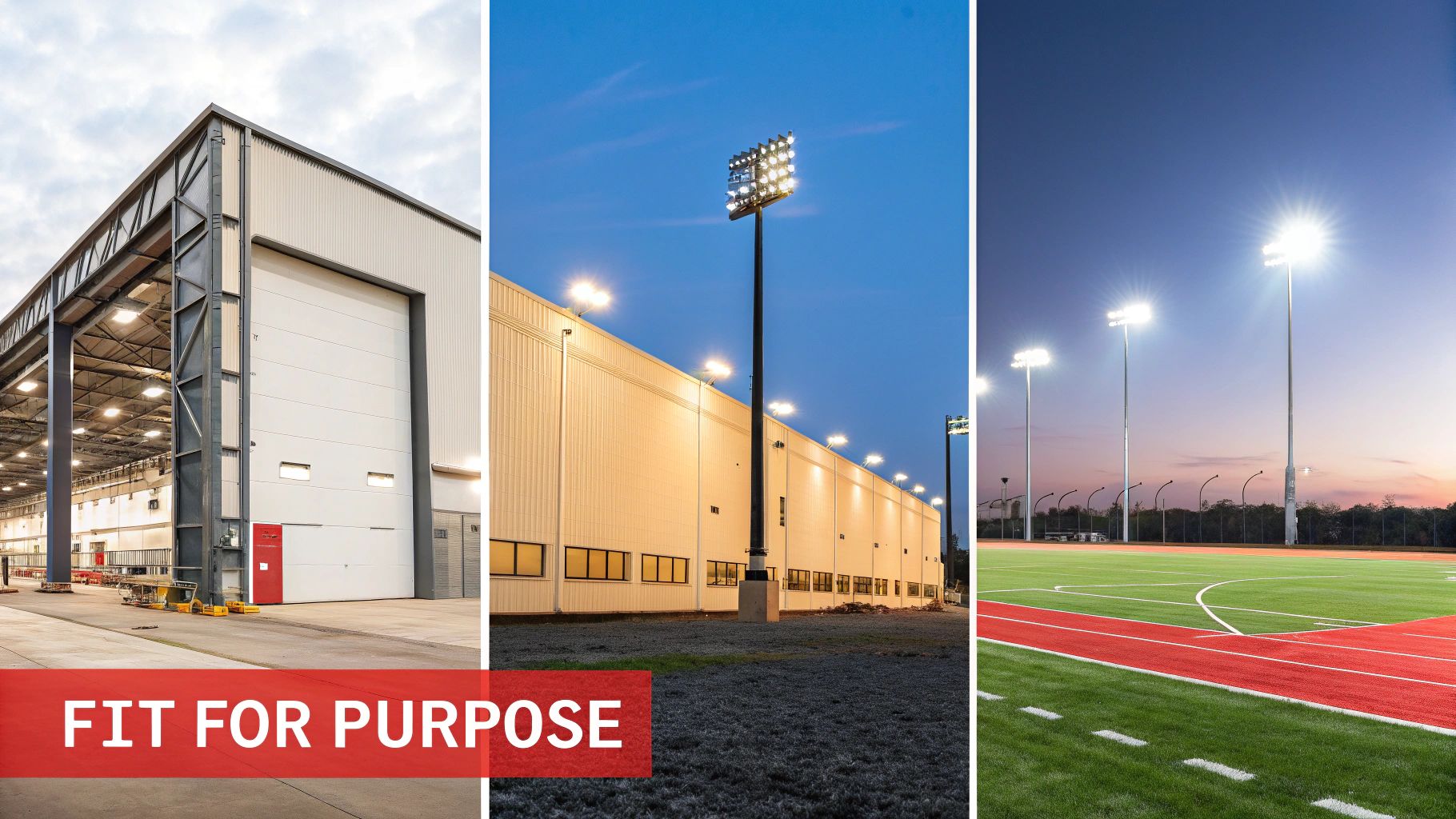 Collage of an industrial interior, floodlit building exterior, and a sports field, showcasing LED lighting applications.