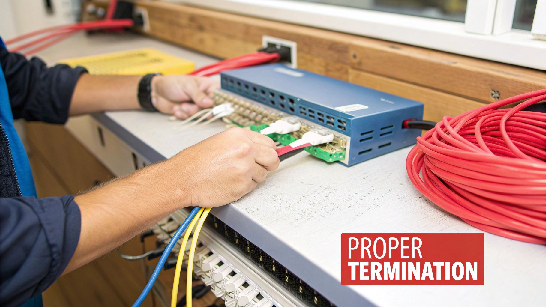 A technician carefully terminating a network LAN cable into a patch panel.