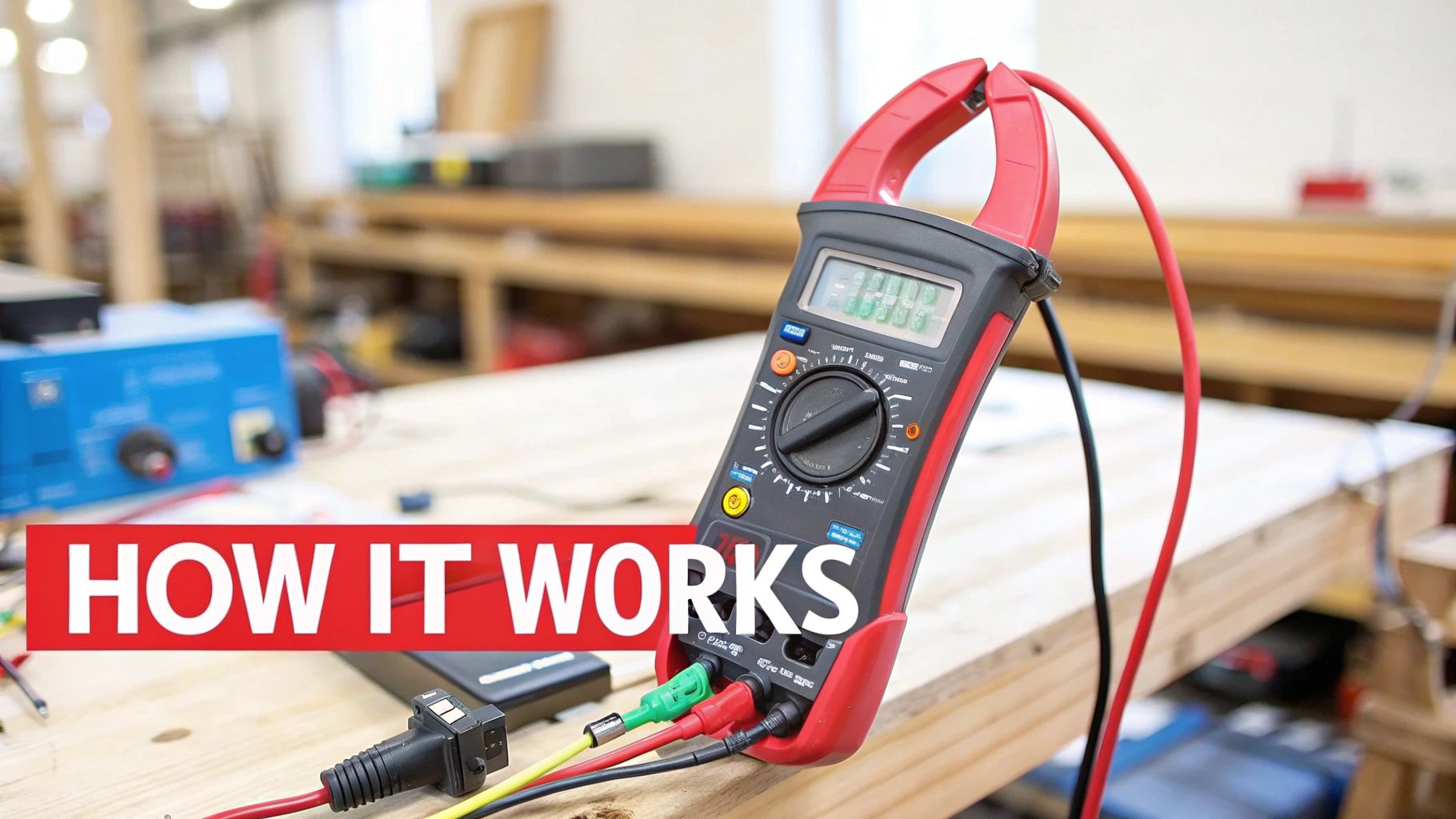 A red and black clamp meter showing a digital reading, with test leads connected on a workbench in a workshop.