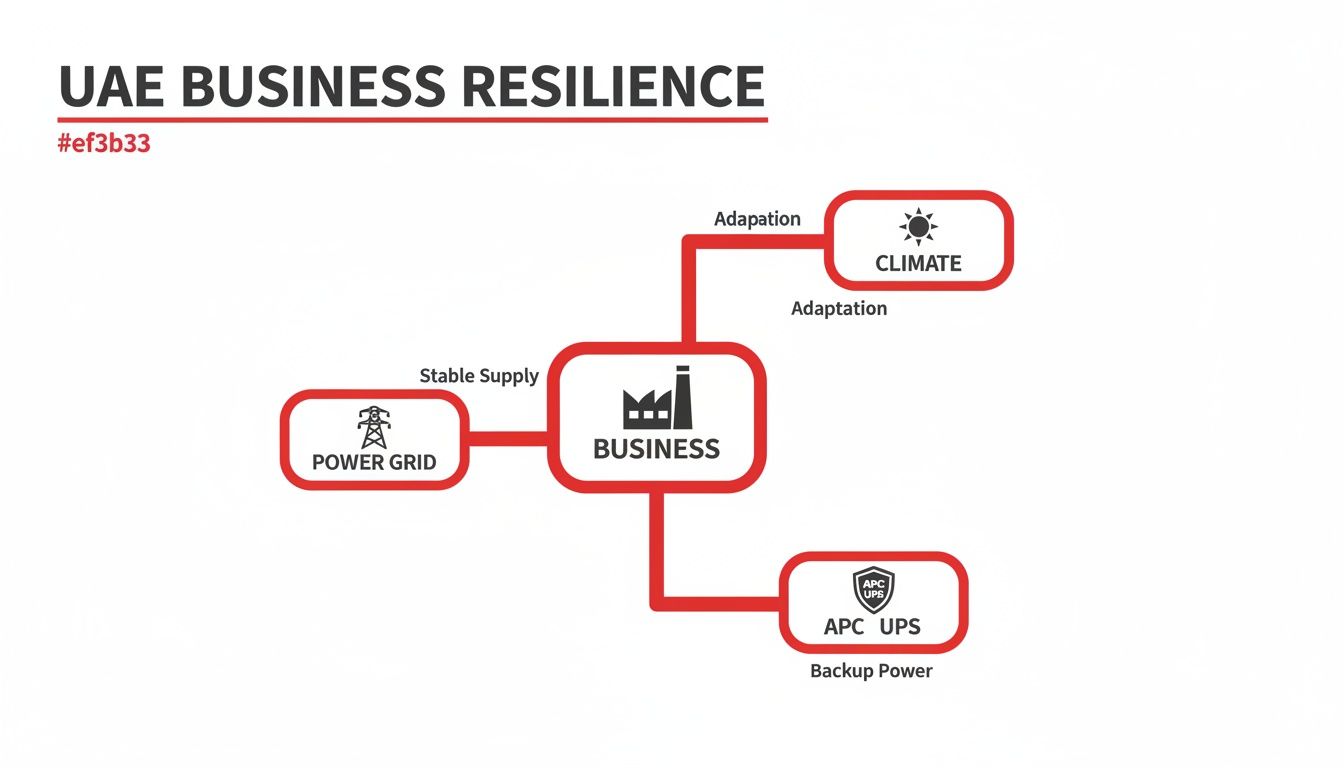 Diagram illustrating UAE business resilience factors: stable power supply, climate adaptation, and backup power.