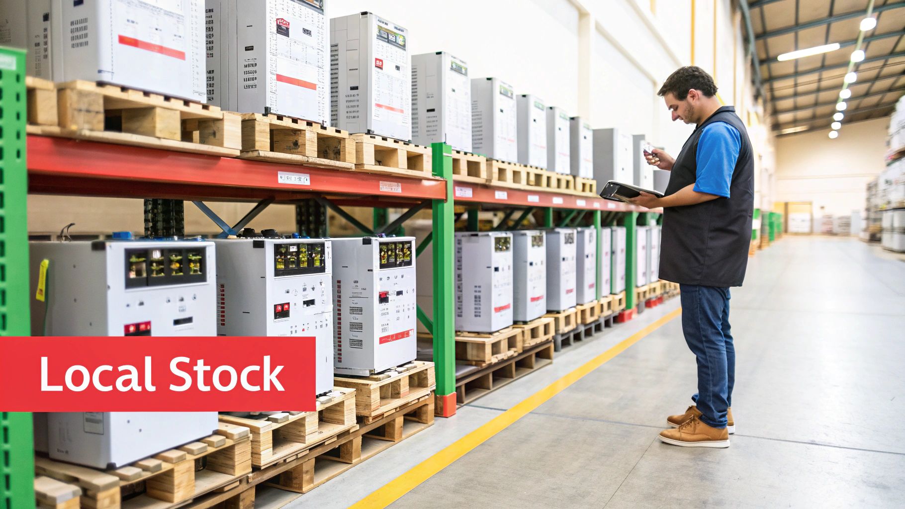 A man scans electrical equipment on warehouse shelves with a 'Local Stock' banner.
