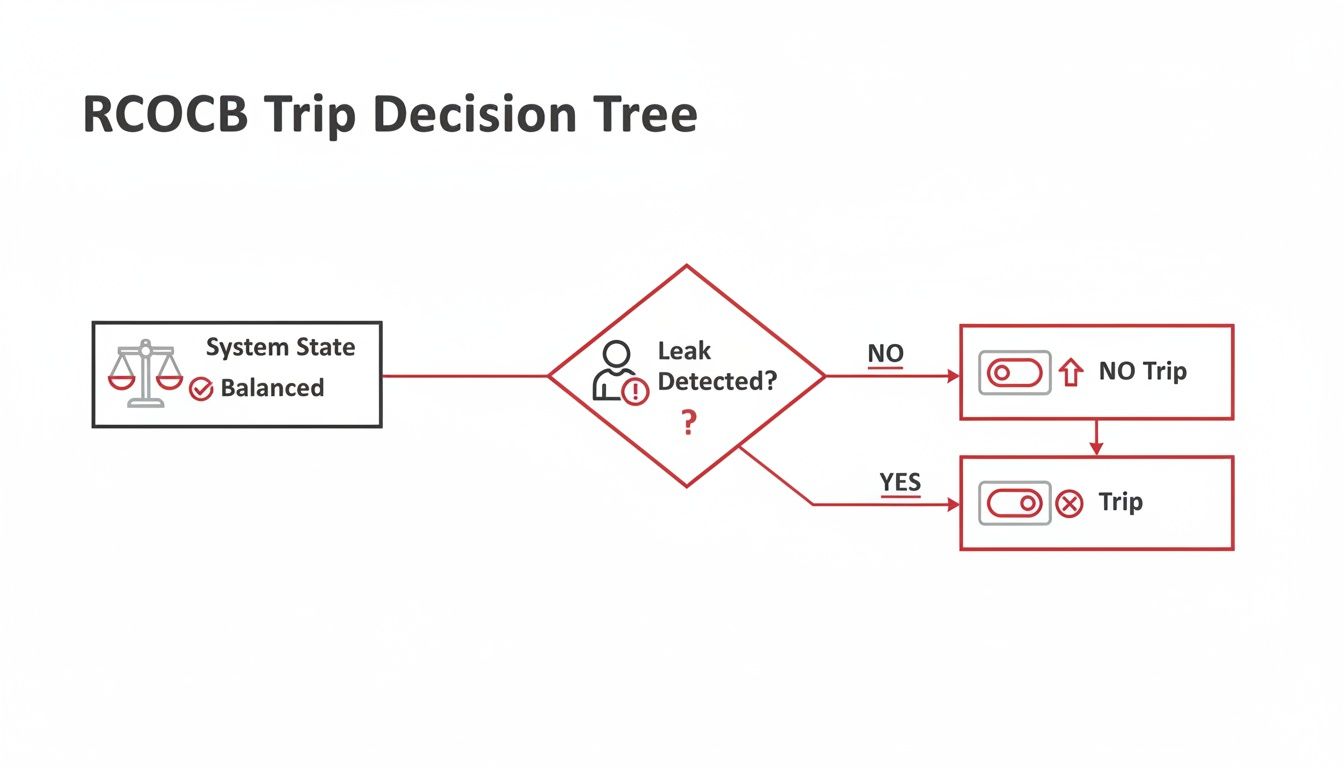 Flowchart illustrating an RCOCB trip decision tree based on system balance and leak detection.