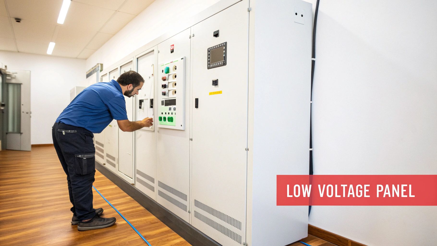 A modern low voltage panel with multiple circuit breakers and wiring