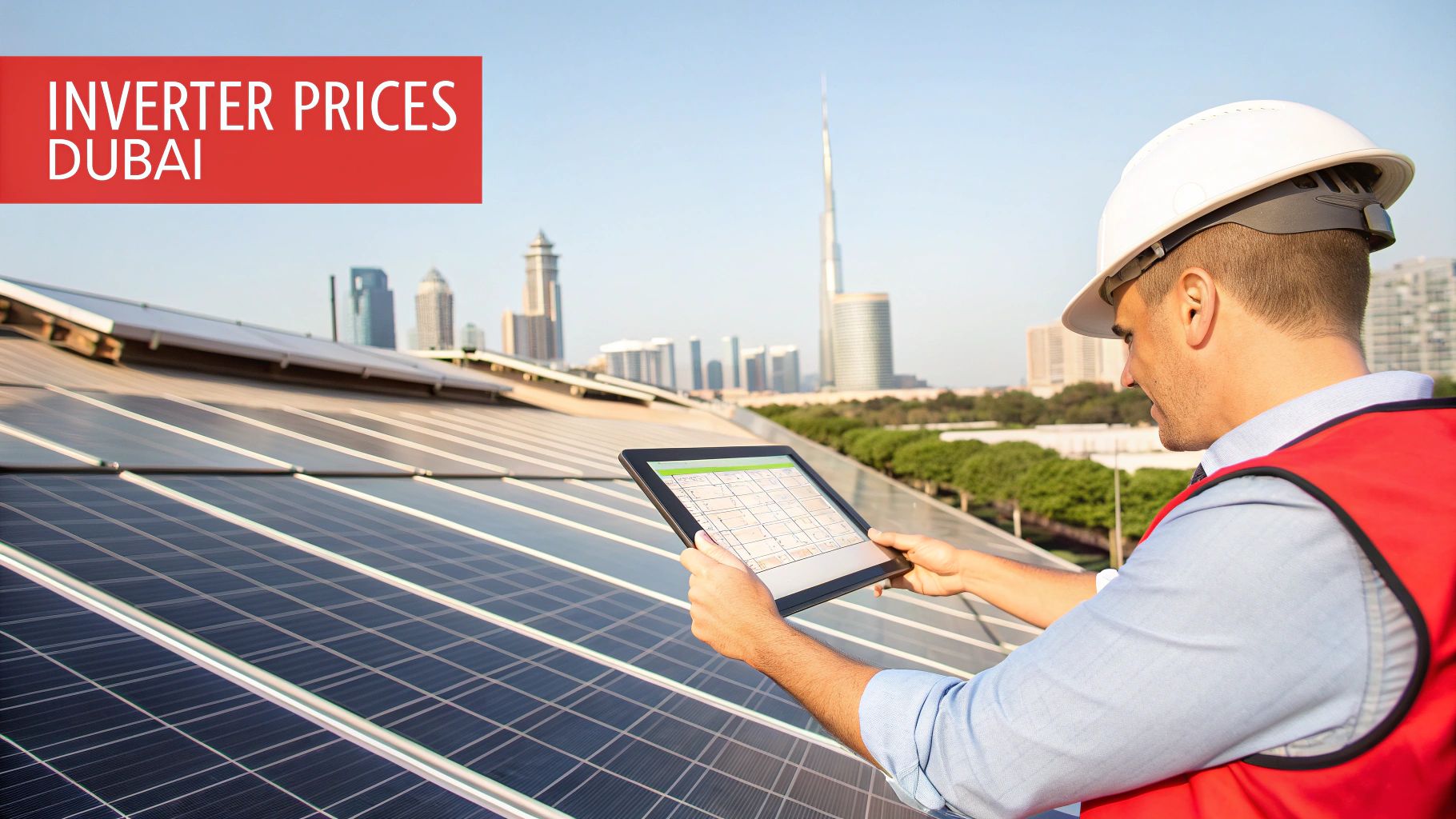 Solar energy engineer inspecting photovoltaic panels with tablet displaying inverter prices in Dubai skyline
