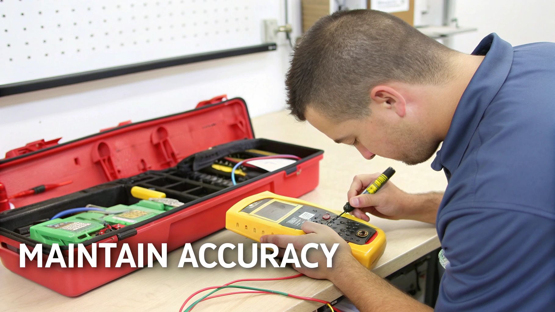 A technician calibrates a yellow test instrument, ensuring accuracy, with a red toolbox nearby.