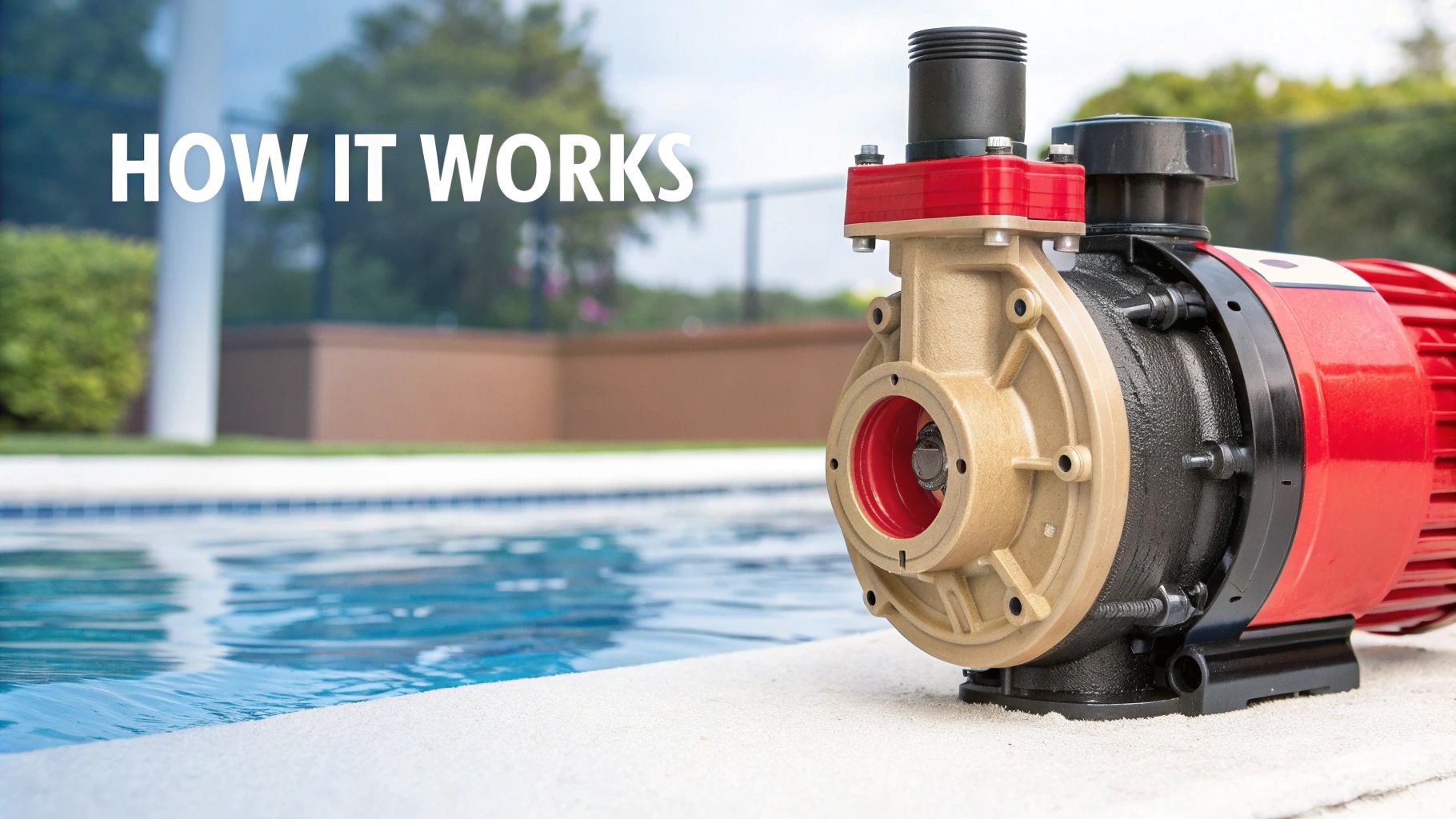 Red and black pool circulation pump with brass impeller beside swimming pool explaining operation