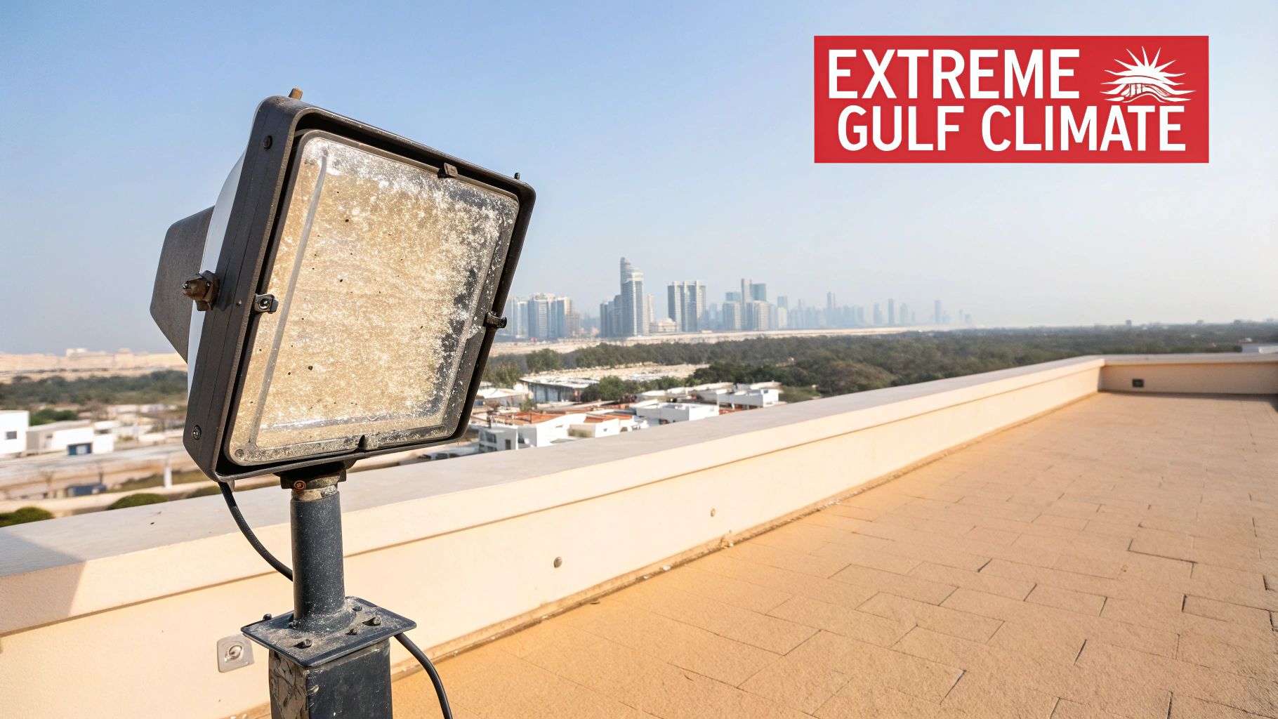 A weathered floodlight on a rooftop with a hazy city skyline, showing effects of extreme Gulf climate.