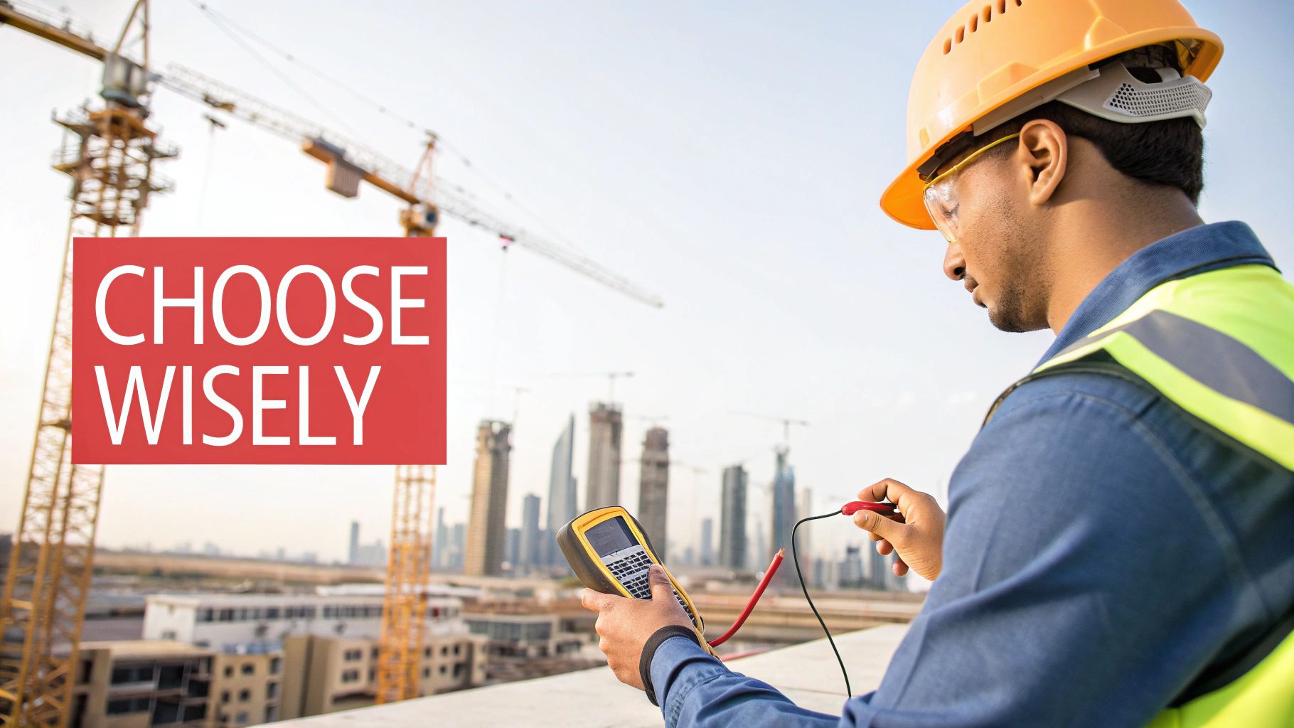 An engineer in a hard hat and vest uses a clamp meter at a construction site, 'CHOOSE WISELY'.