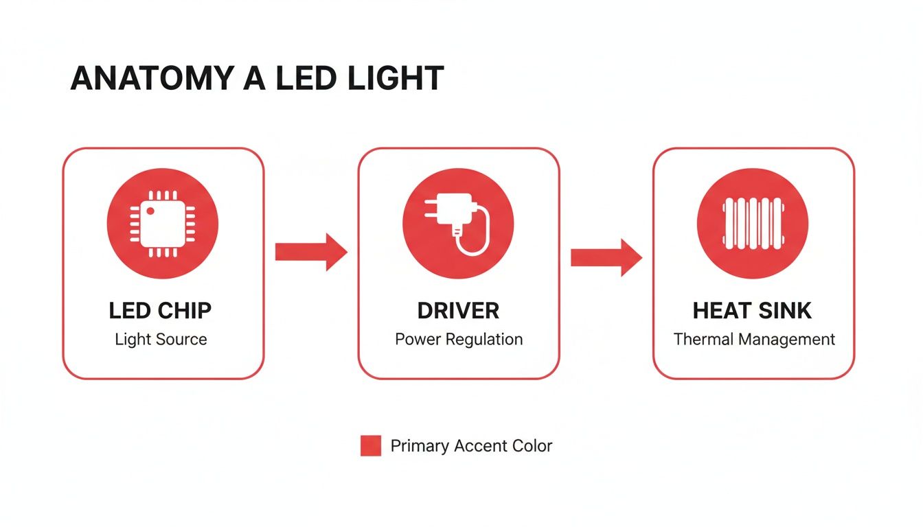 Diagram illustrating the anatomy of an LED light, detailing LED chip, driver, and heat sink components.