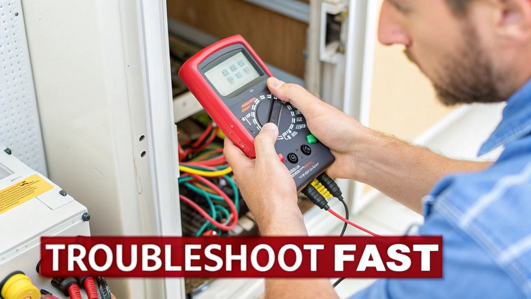 A technician uses a red multimeter to test electrical wiring inside an open control panel.