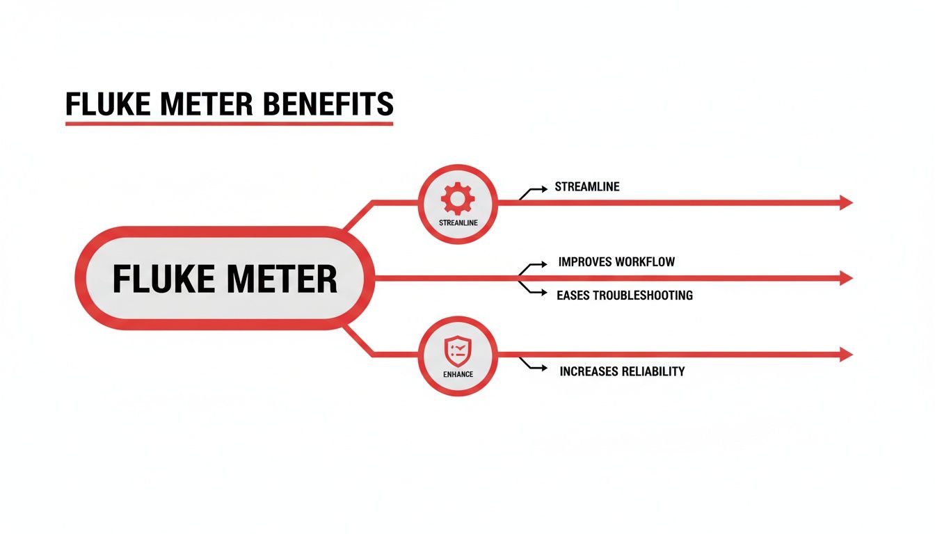 A diagram illustrating the benefits of a Fluke meter, including streamlining, improved workflow, easier troubleshooting, and increased reliability.