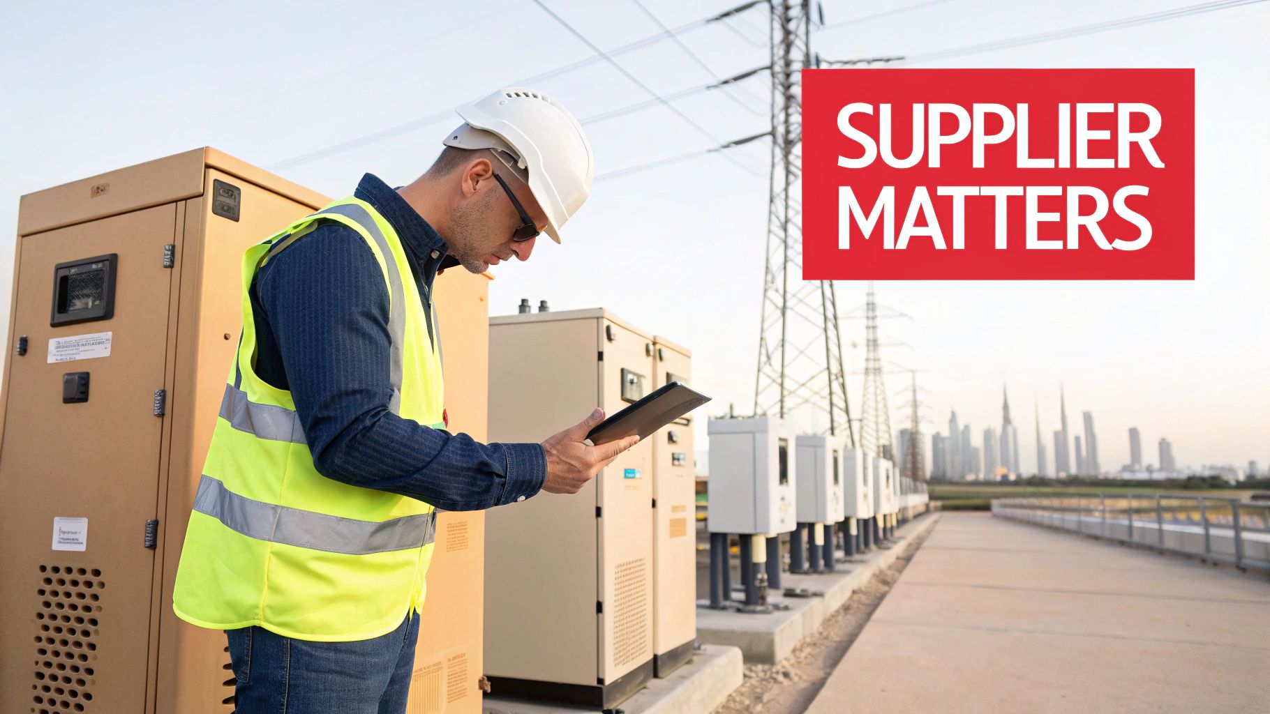 Engineer in safety gear checking outdoor electrical equipment with a tablet, next to power lines and a 'SUPPLIER MATTERS' sign.