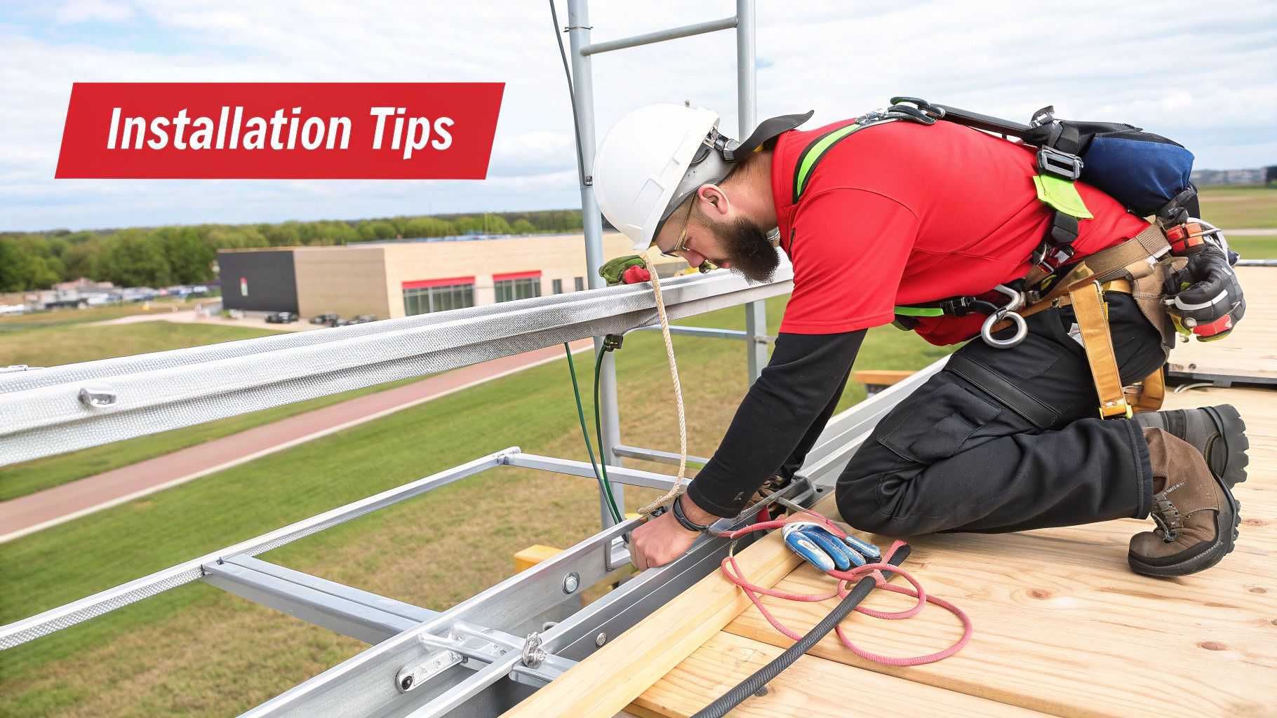 An electrician installing cables in a wide a cable tray.