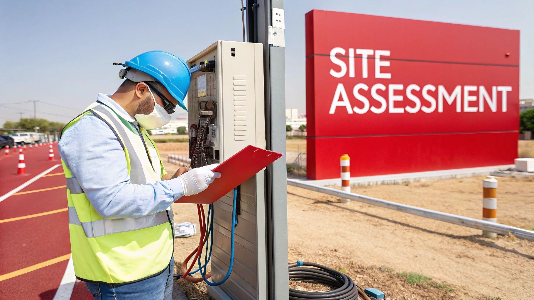 A masked worker in a hard hat and safety vest performs a site assessment on an electrical box.
