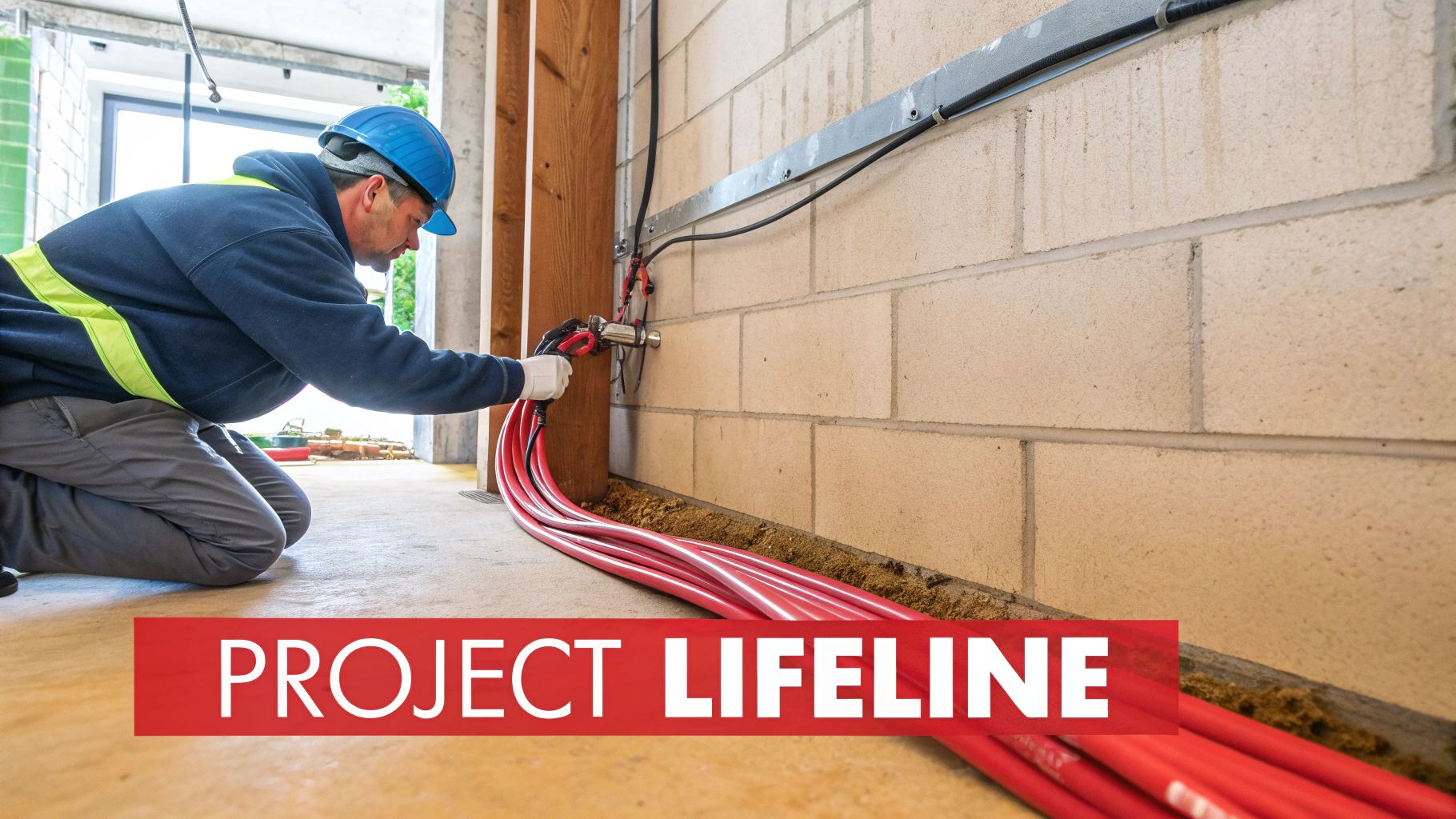 A construction worker in a hard hat installing red electrical conduits along a brick wall.