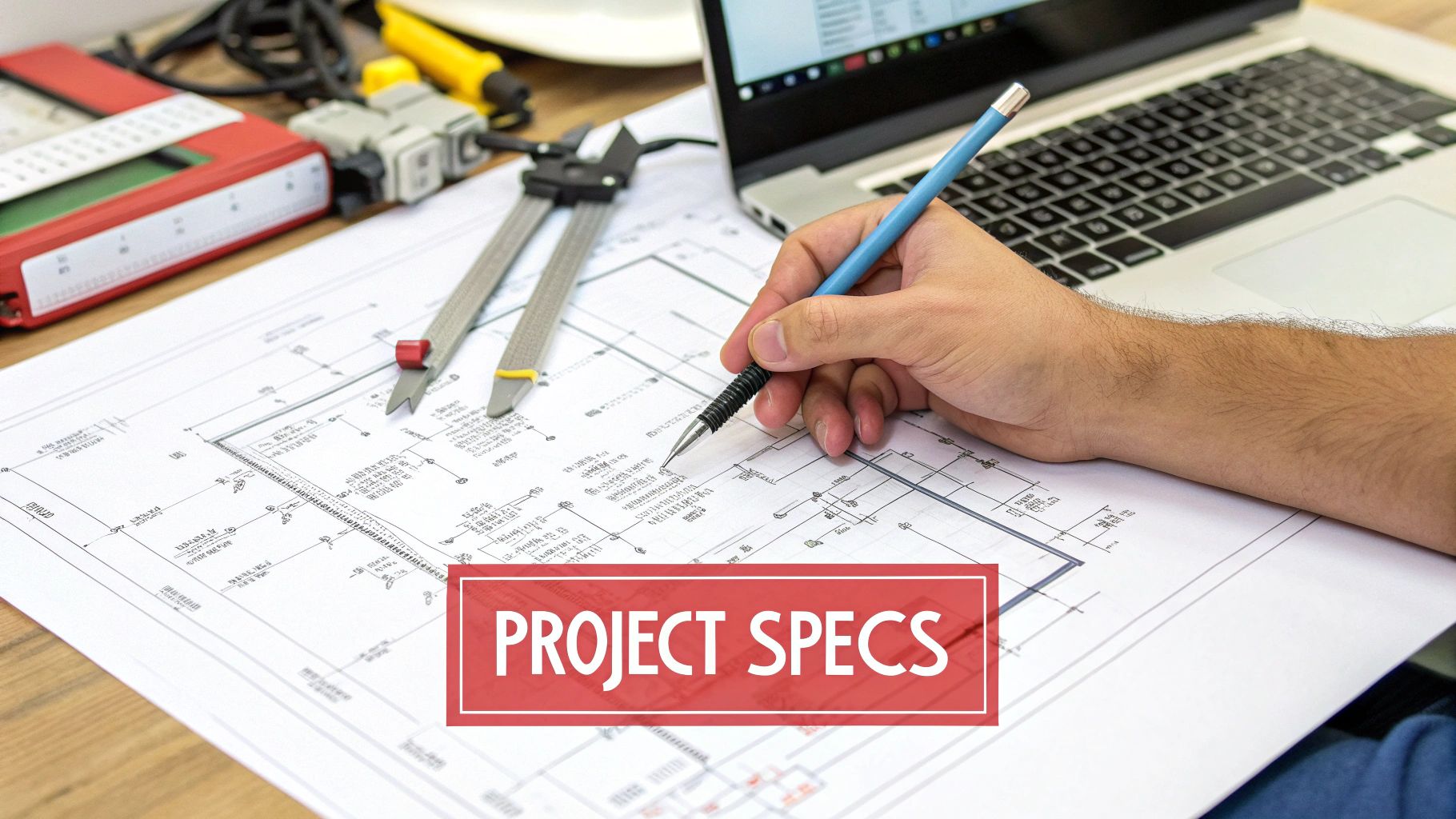Hand with pencil marking a detailed engineering blueprint, alongside a laptop, tools, and a 'PROJECT SPECS' banner.