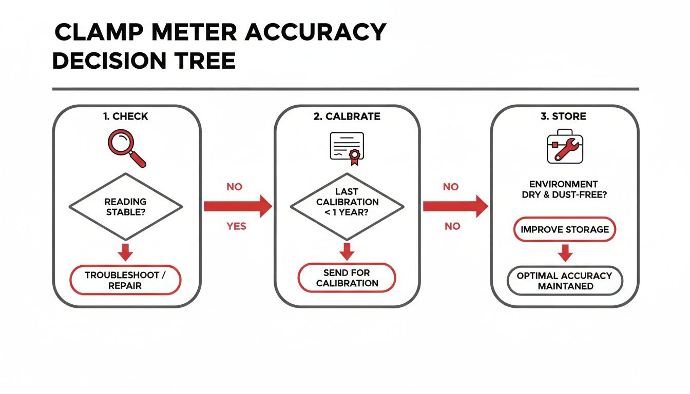 A decision tree flow chart detailing steps for maintaining clamp meter accuracy, including checking, calibrating, and proper storage.