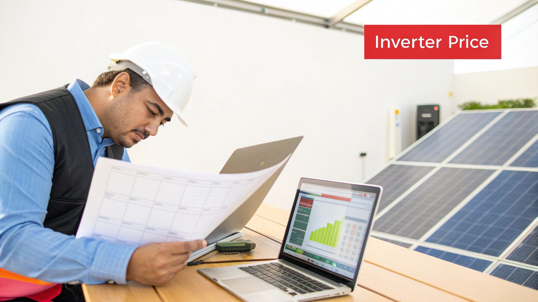 Solar energy technician reviewing inverter pricing data on laptop with solar panels in background