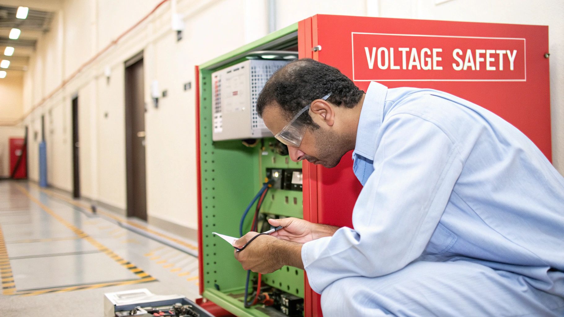 A man in safety glasses works on an open electrical cabinet with a 'Voltage Safety' sign.