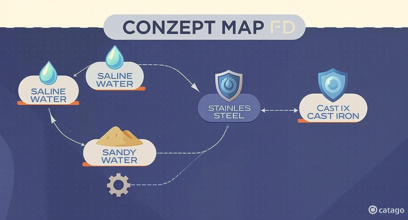 Concept map showing corrosion resistance comparison between stainless steel and cast iron in different water conditions