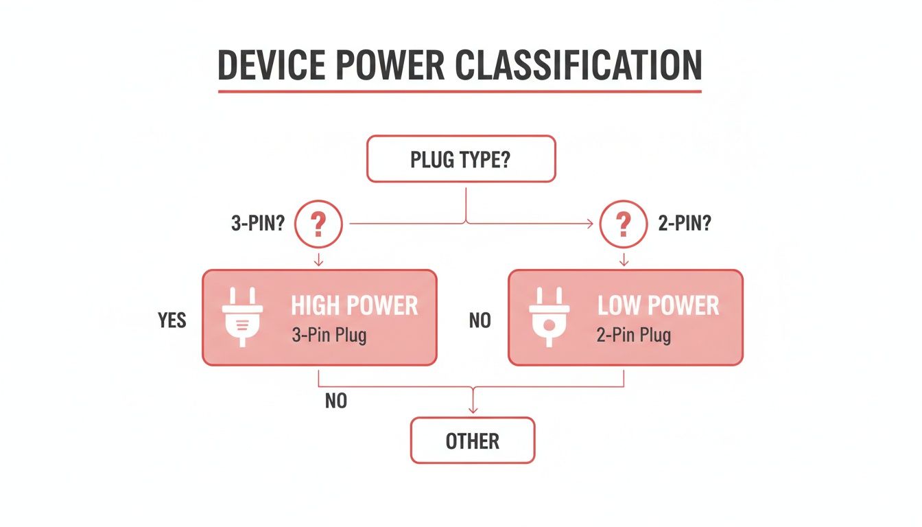 Flowchart classifying device power based on plug type: 3-pin for high power, 2-pin for low power, or other.