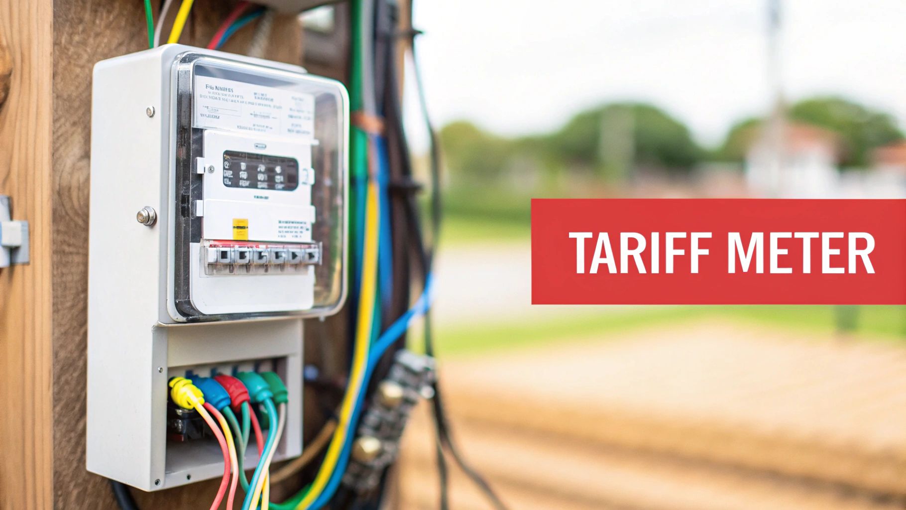 Close-up of an outdoor white tariff electricity meter with colorful wires on a wooden post.
