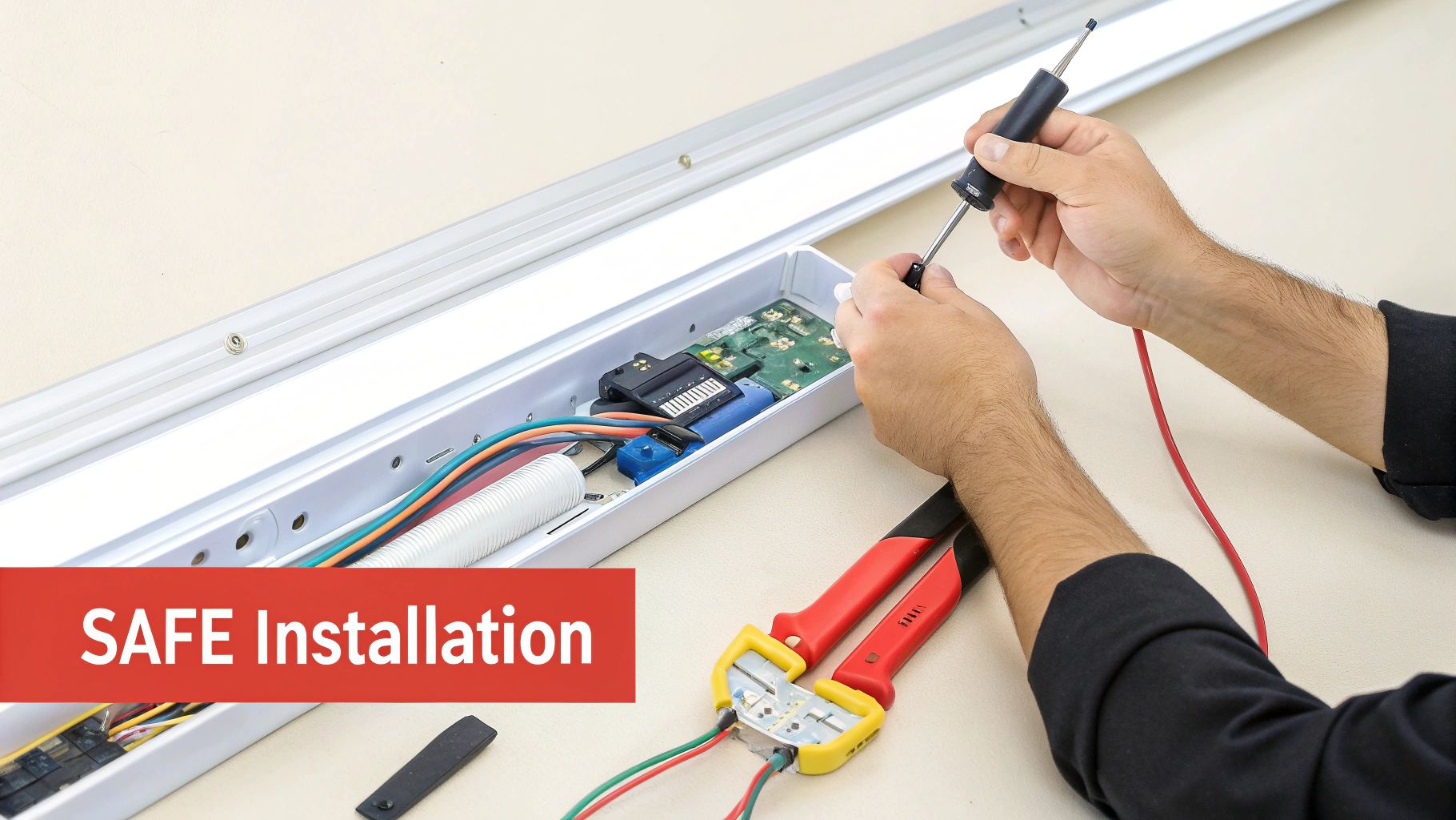 A person's hands are visible using a screwdriver to perform safe installation on an LED tube light fixture.