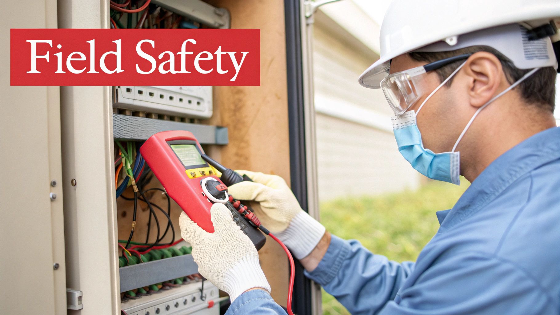 Technician in safety gear using a clamp meter on an electrical panel, emphasizing field safety.