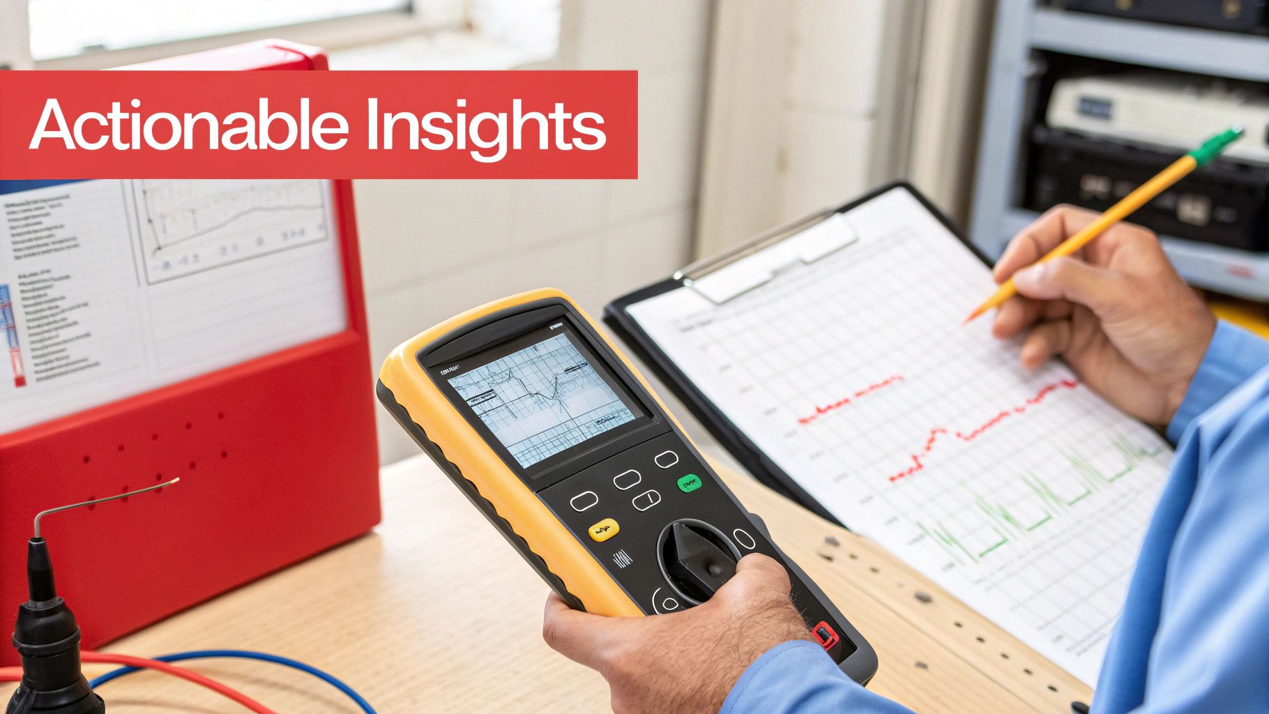 Hands holding an electrical tester and clipboard with graphs, analyzing data for actionable insights.