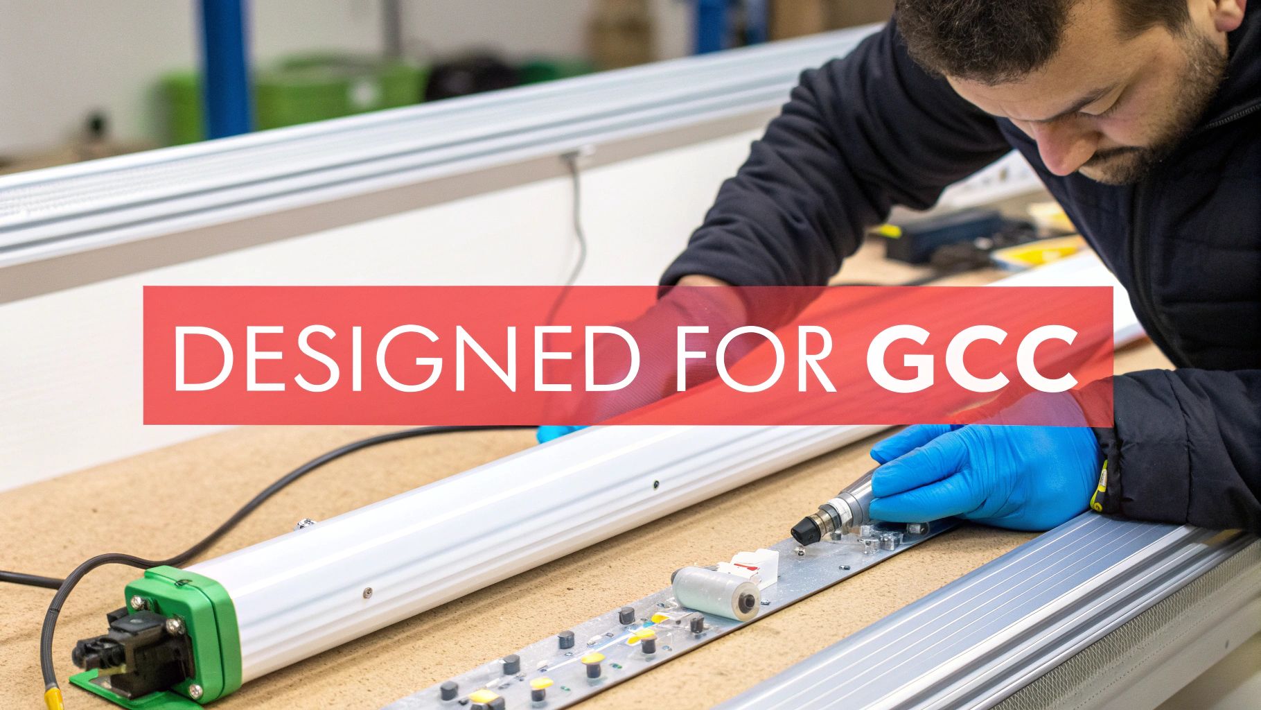 A person in blue gloves meticulously assembling an LED tube light fixture with components on a workbench.