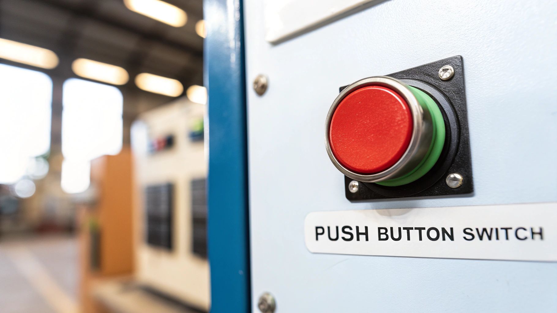 Red push button switch mounted on white control panel in industrial workplace setting