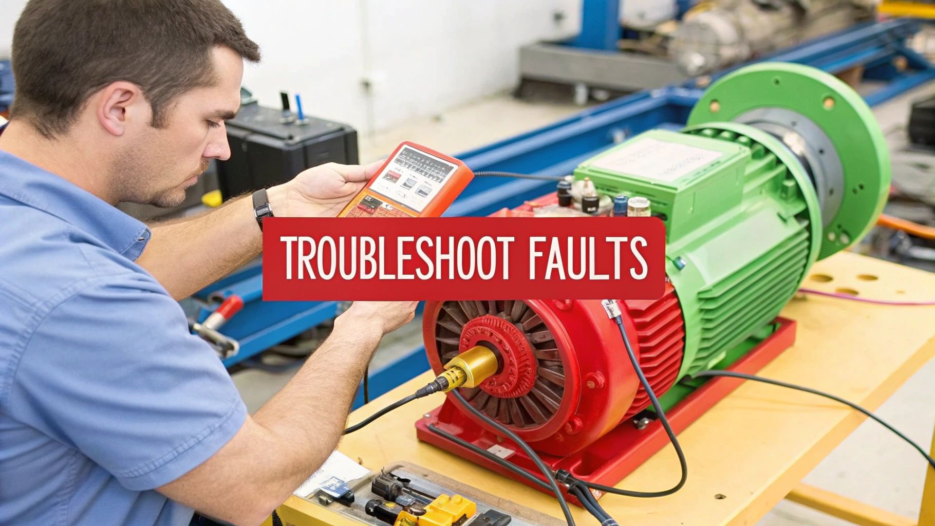 An engineer uses a clamp meter to measure current on a three-phase motor during commissioning.