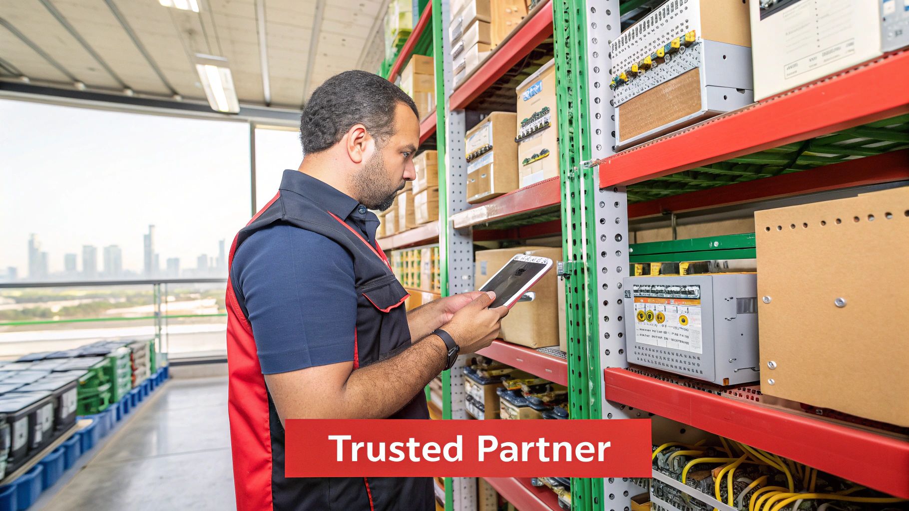 A man in a uniform using a tablet to scan inventory in a warehouse with a city skyline view.