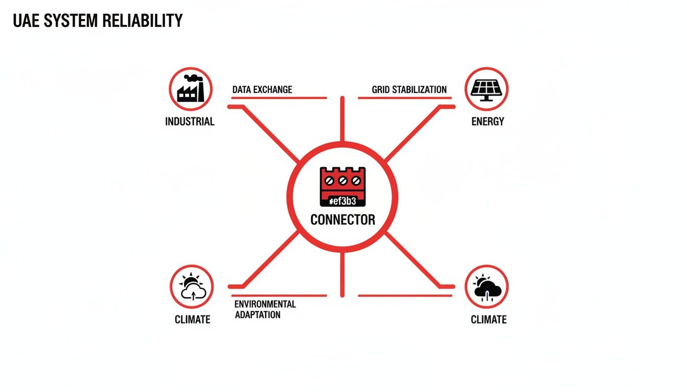 Infographic on UAE system reliability, showing a central connector linking industrial, energy, and climate sectors.