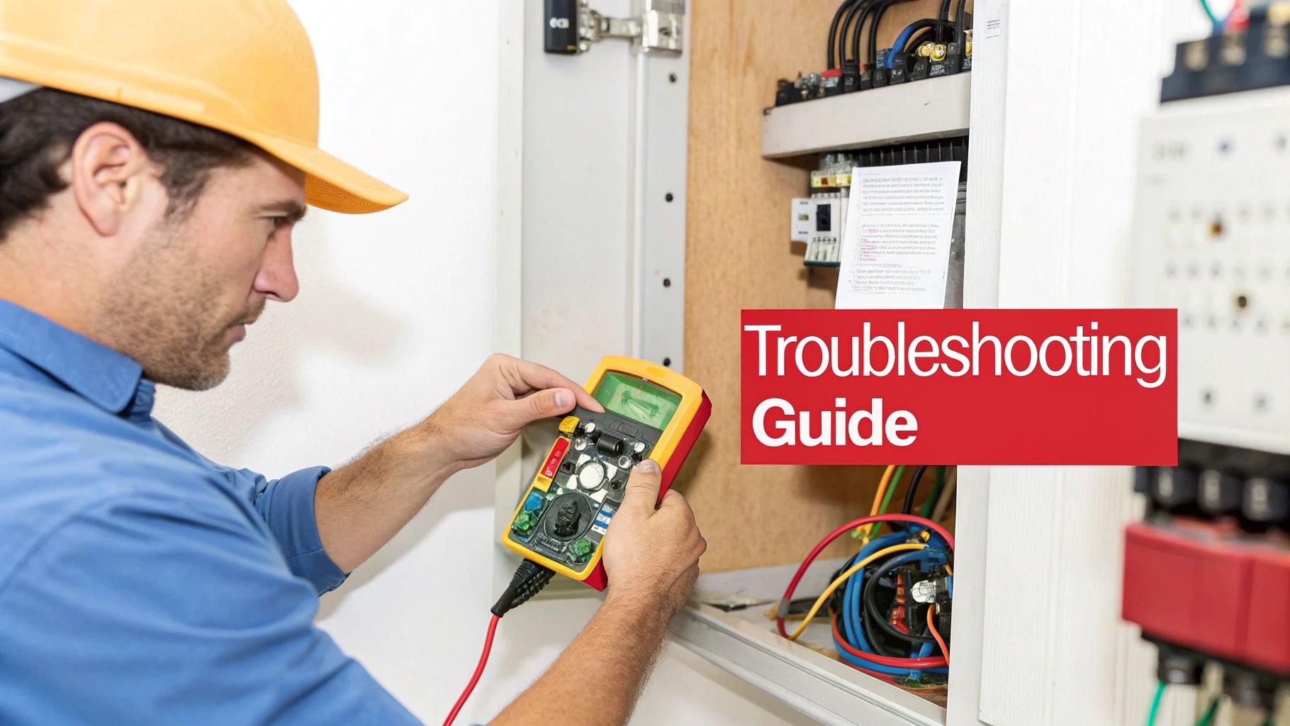 A technician in a hard hat uses a multimeter to test an electrical panel, with a 'Troubleshooting Guide' banner.