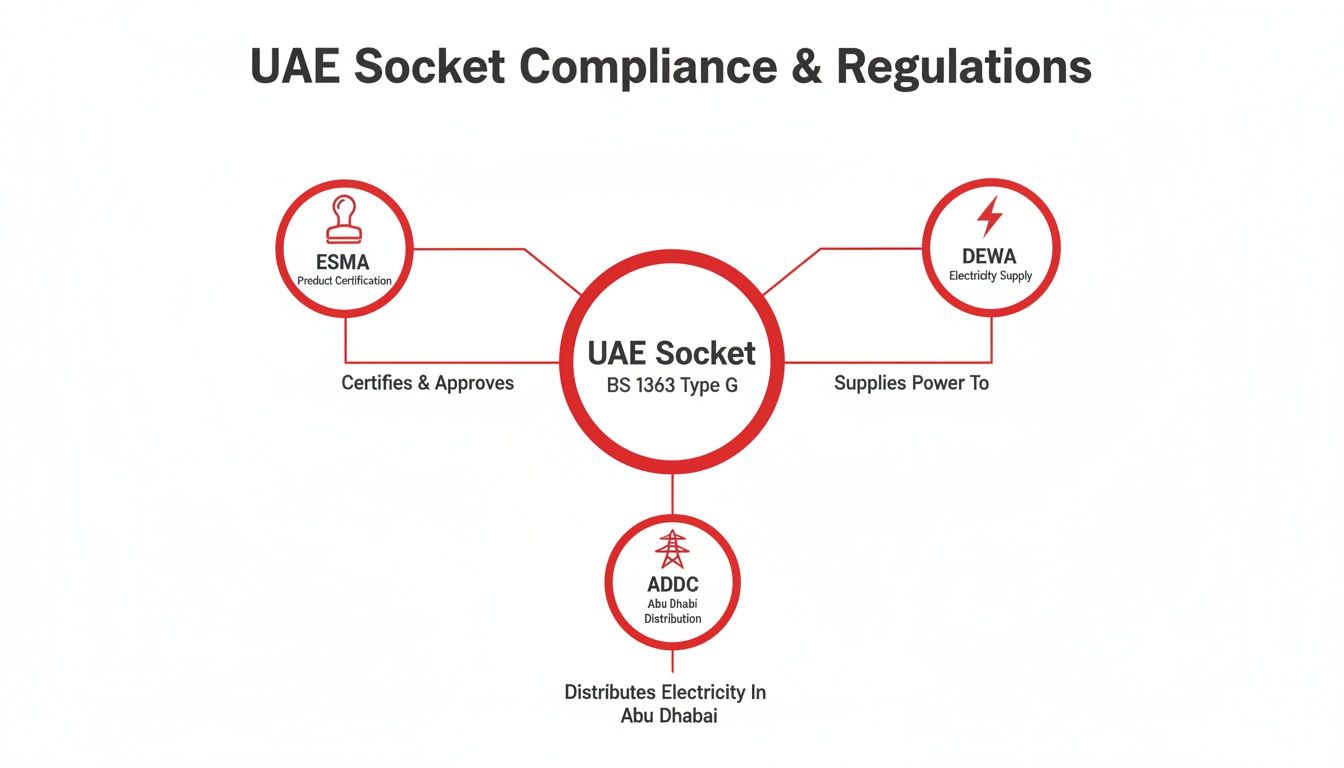 Diagram illustrating UAE socket compliance and regulations, showing roles of ESMA, DEWA, and ADDC.