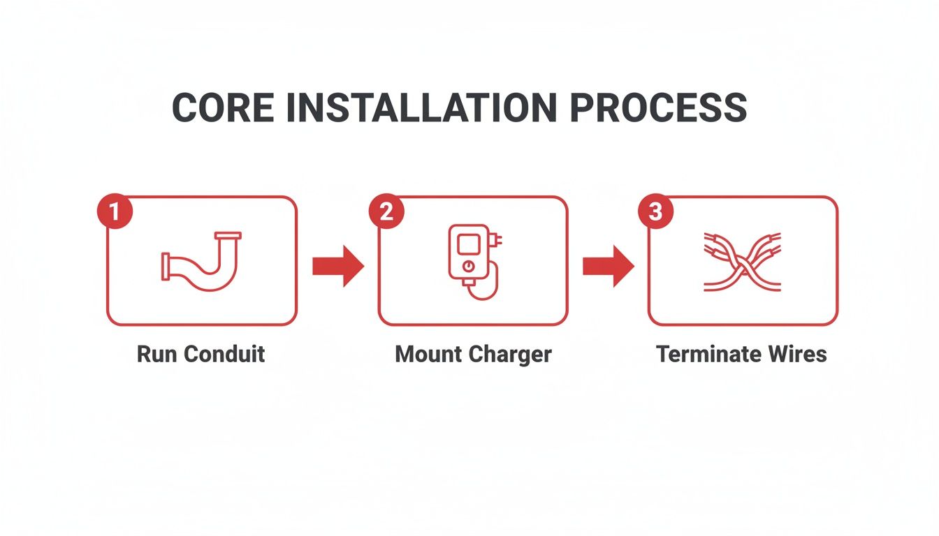 Diagram showing the core installation process for an EV charger, outlining running conduit, mounting the charger, and terminating wires.