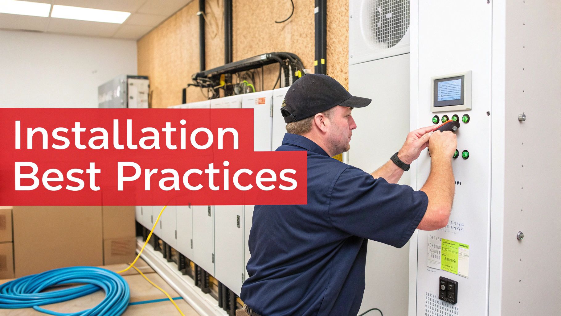 A technician performs installation and maintenance on a large white power supply unit, following best practices.