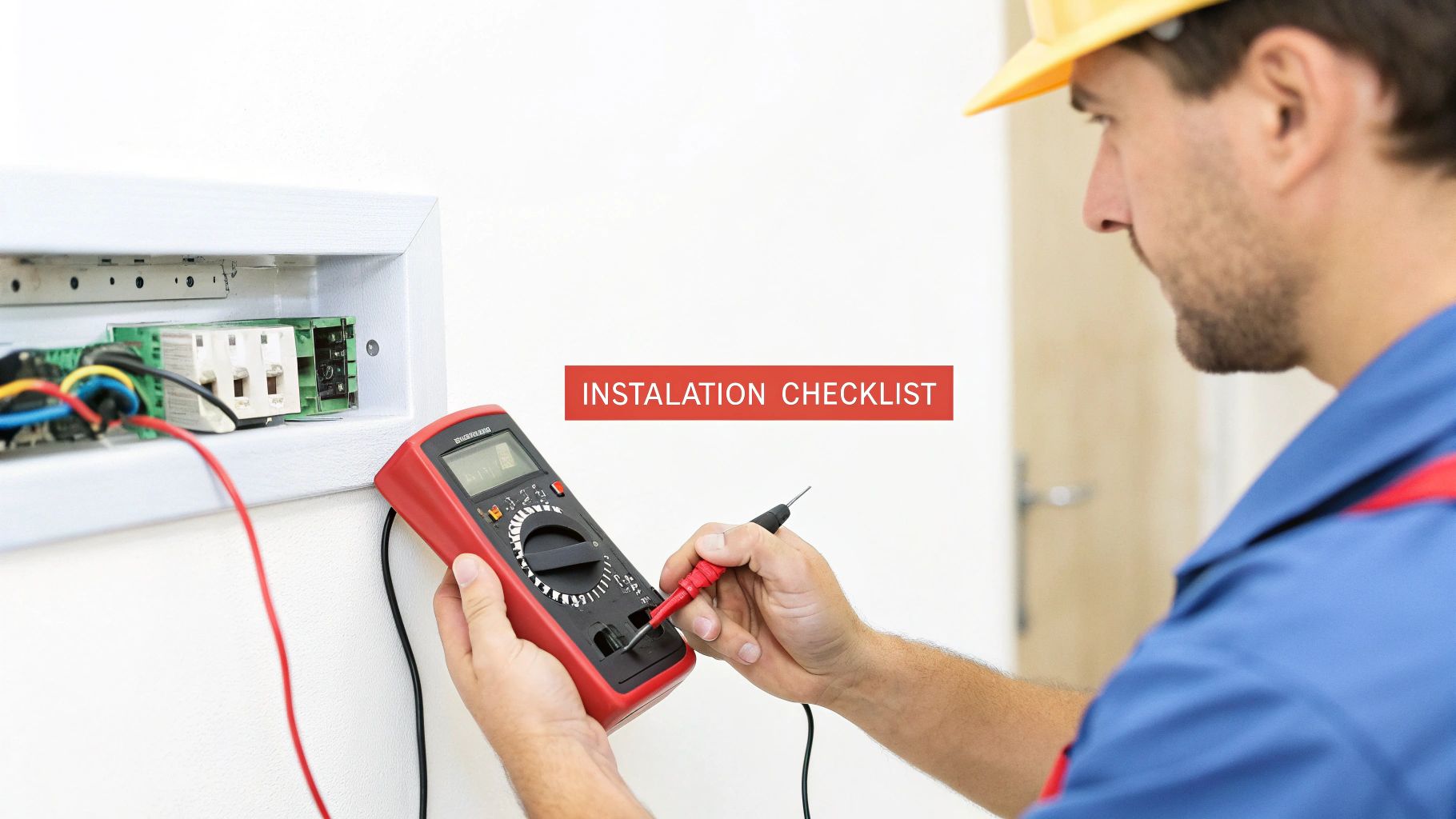 Electrician in hard hat using a multimeter to test an electrical panel, with 'INSTALLATION CHECKLIST' text.