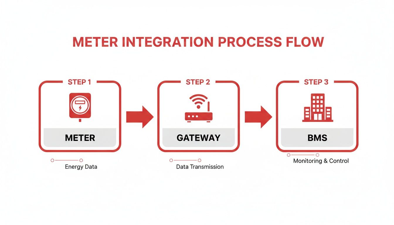 Flowchart illustrating energy meter data integration from meter to gateway to building management system.