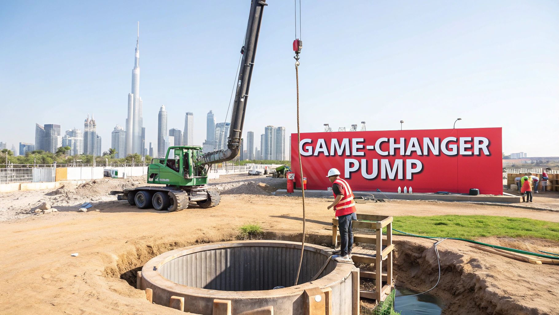Construction worker installing submersible pump system at Dubai building site with crane and cityscape