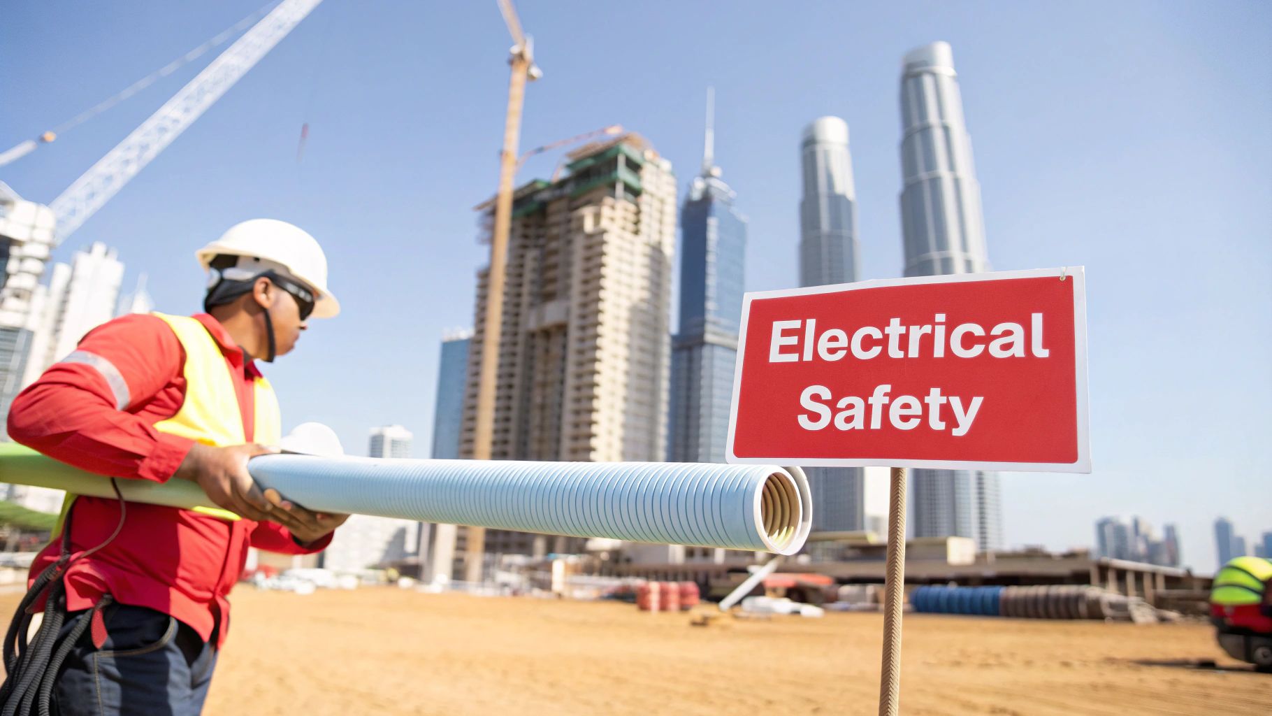 A construction worker carries a PVC conduit pipe on a construction site with an 'Electrical Safety' sign.