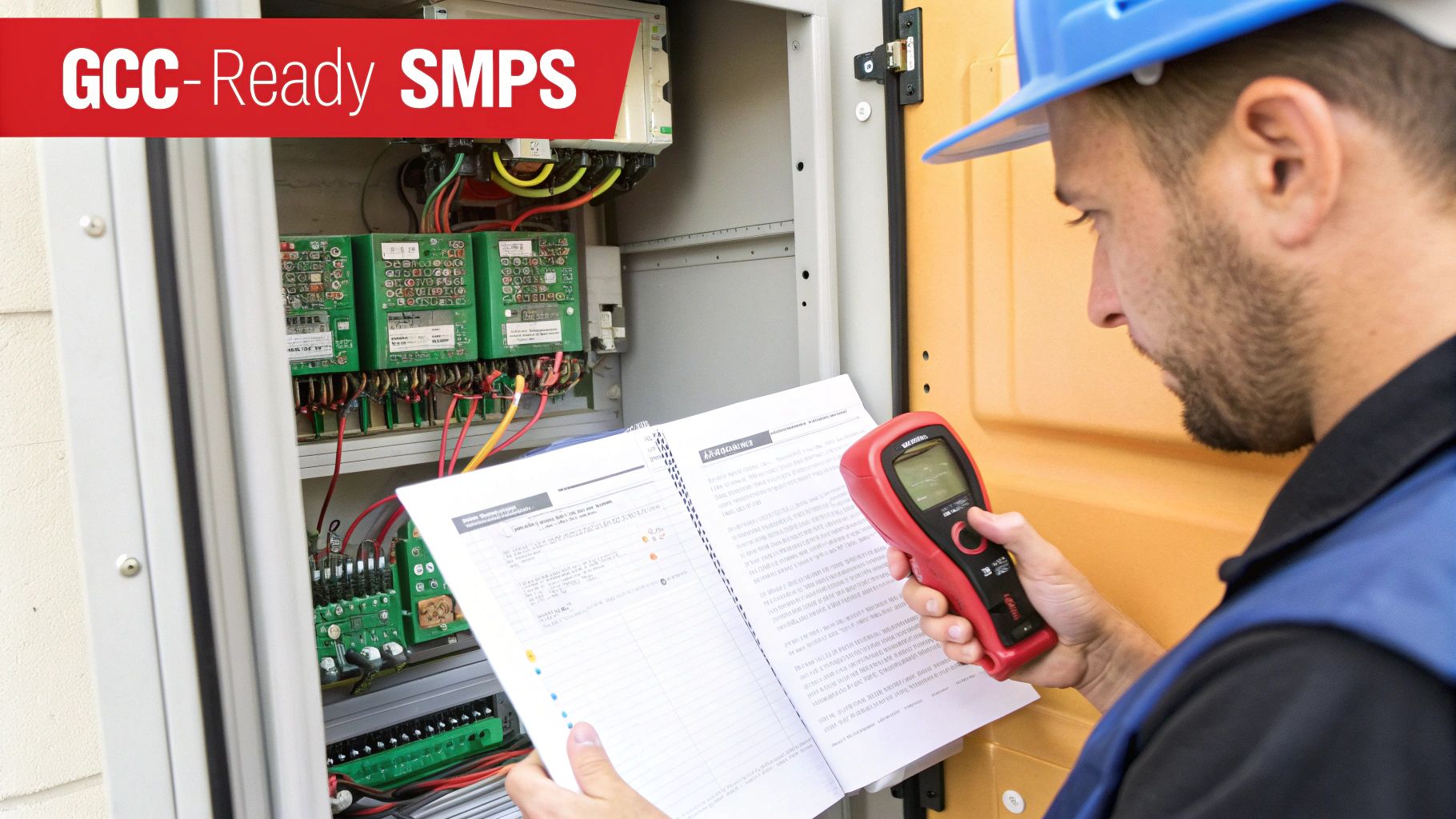 An electrician in a hard hat inspects an open electrical panel with a manual and red testing device.