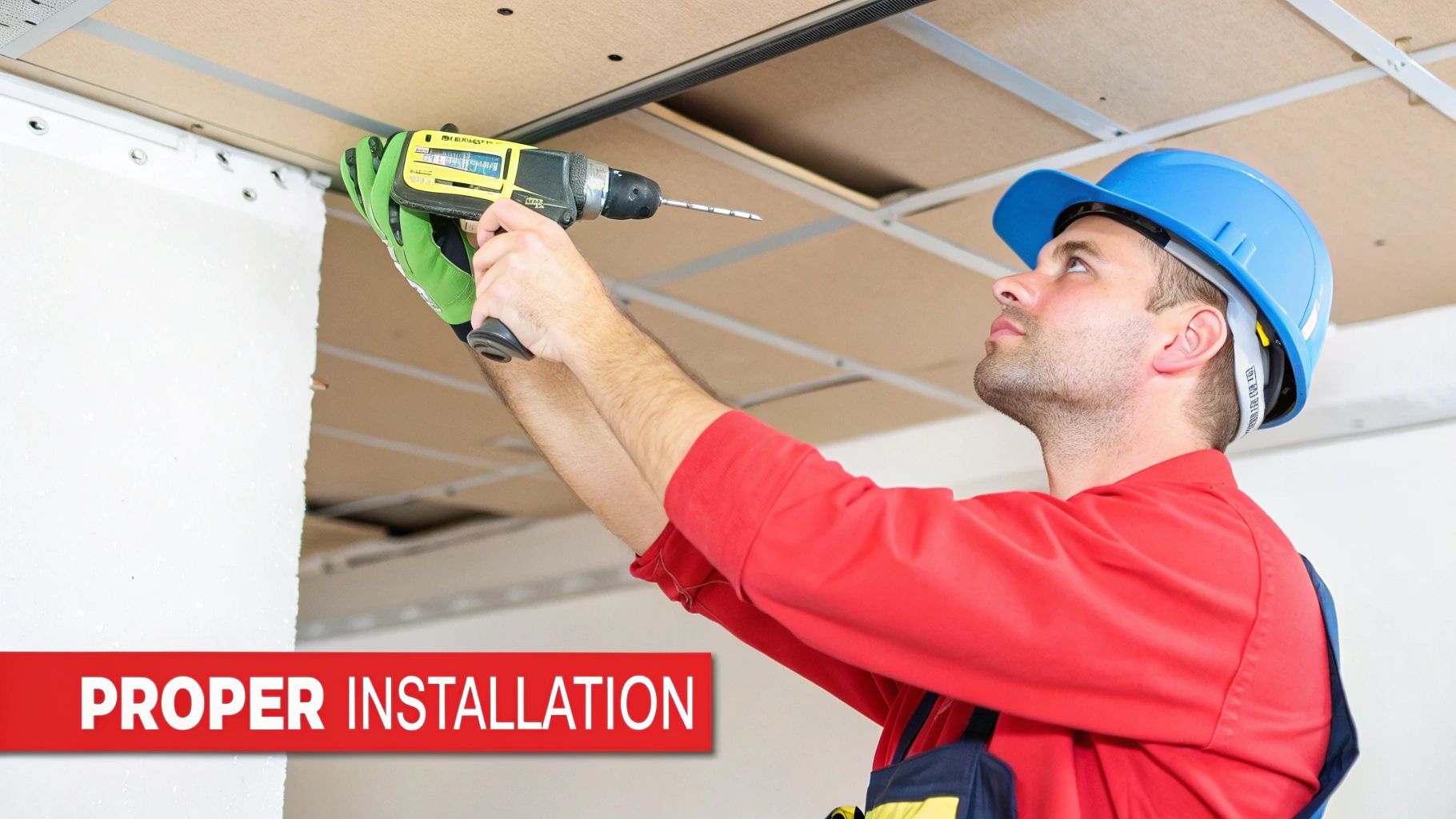 Professional contractor installing ceiling access panel with power drill wearing blue hard hat and red uniform