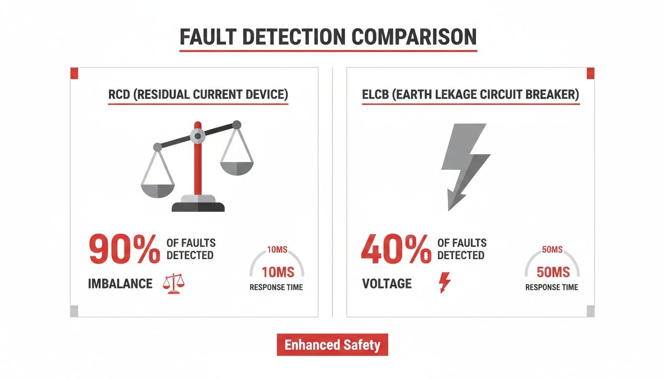 Comparison of RCD and ELCB fault detection, showing percentages, types of faults, and response times for enhanced safety.