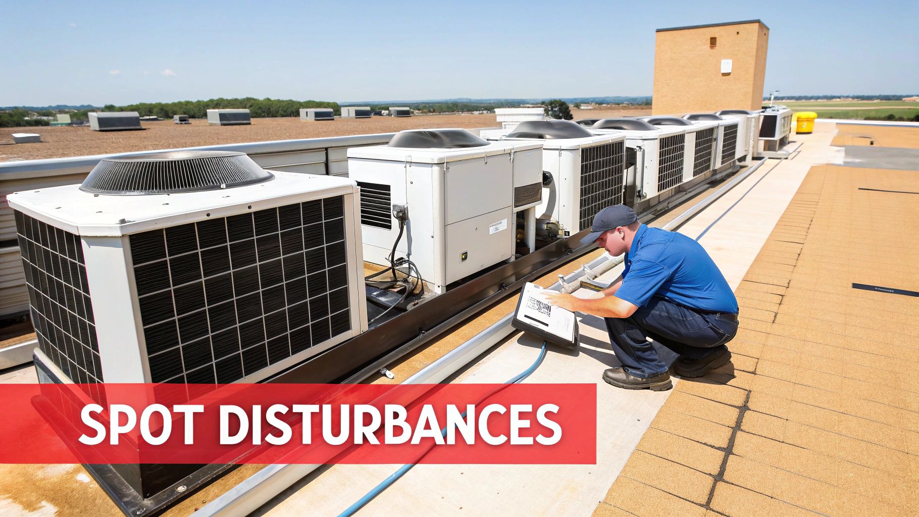 A technician inspects multiple rooftop HVAC units on a bright, sunny day.