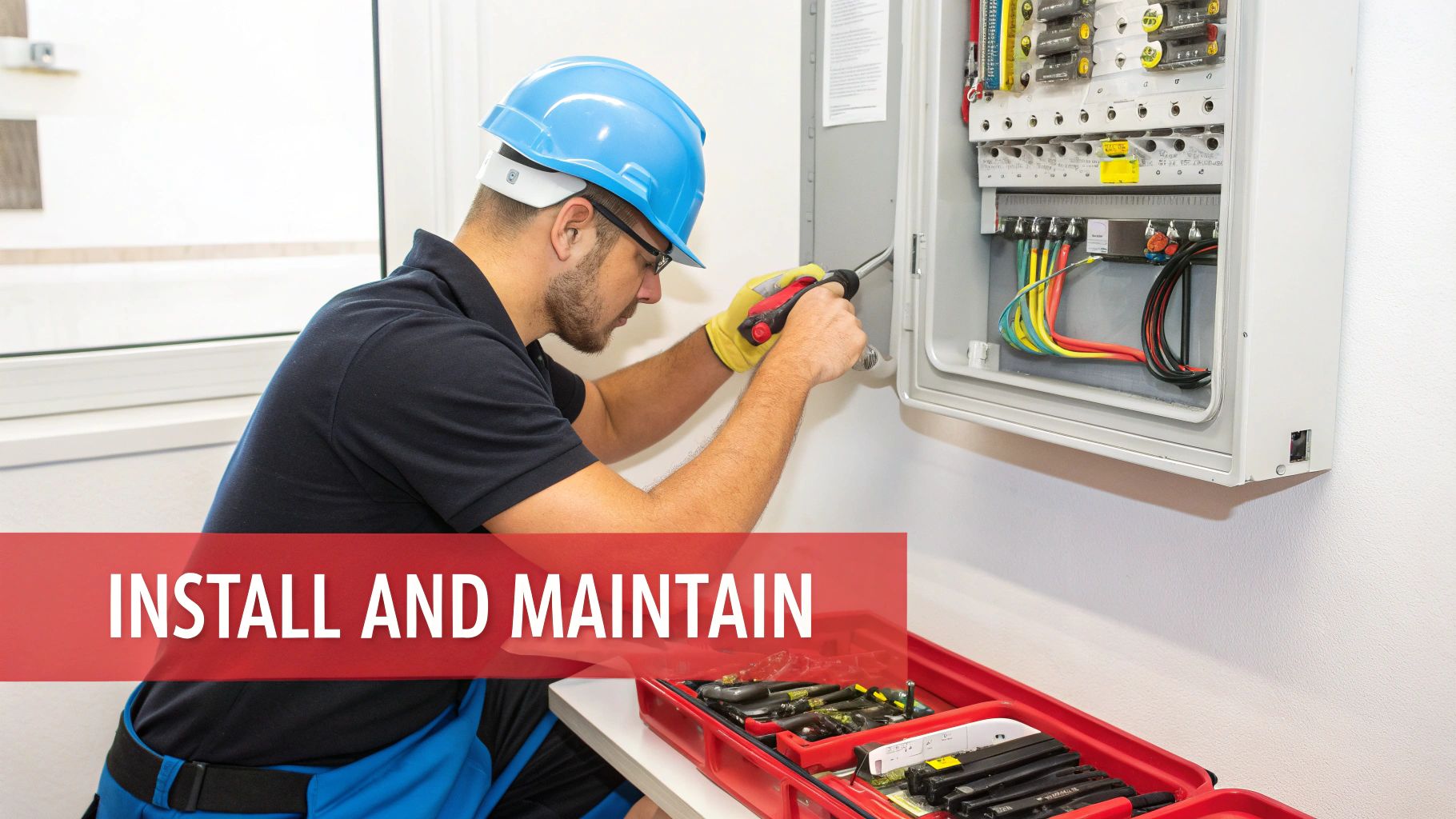 A technician installing a fuse into a fuse holder inside an industrial control panel.